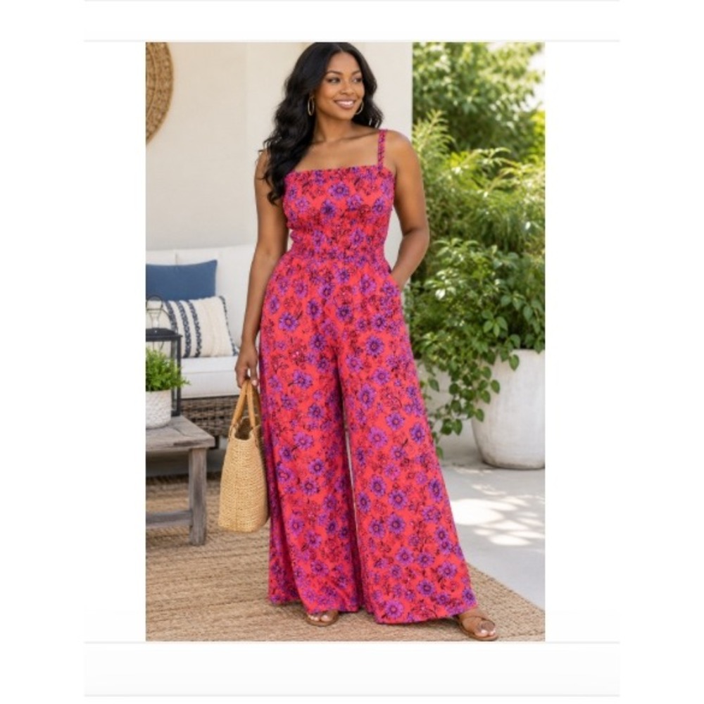 Jessica Simpson Floral Tiered Wide Leg Jumpsuit Dubarry Red Purple Large NWT